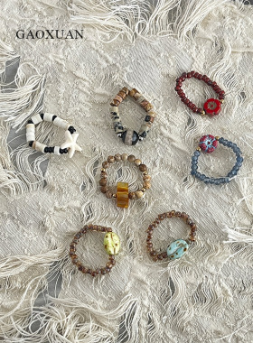 GAOXUAN新中式古风禅意毕加索斑驳捷克珠戒指个性复古设计感弹力