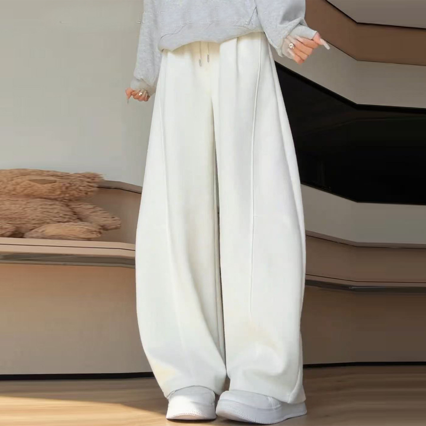 米白色高腰阔腿加绒糯米裤女2025秋冬新款大码宽松显瘦垂感拖地裤