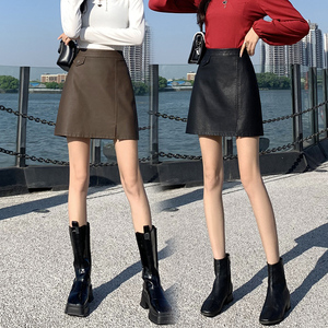 PU皮裙女秋冬2023新款高腰防走光短裙百搭显瘦开叉a字裙半身裙