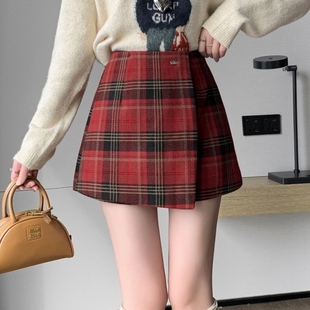 格纹半身裙女秋冬高腰不规则格子裙裤百搭显瘦防走光毛呢a字裙子