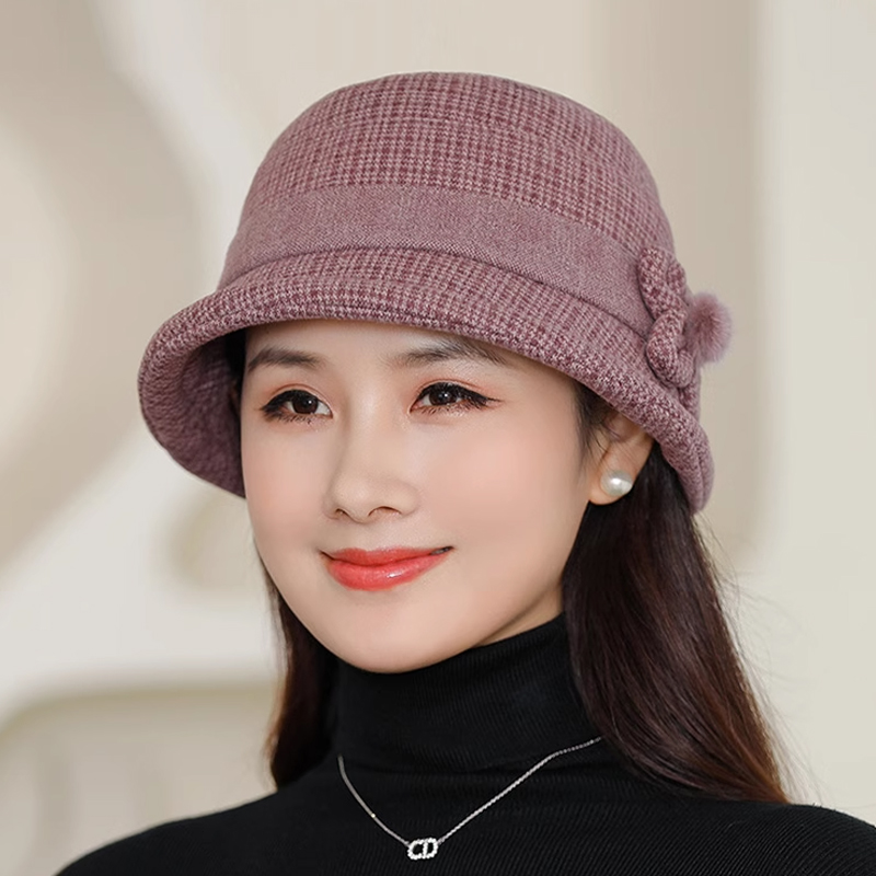 格子毛呢加绒保暖盆帽