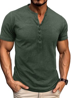 2025夏新款式复古亨利衫休闲潮百搭健身T恤V领上衣Men's Shirts