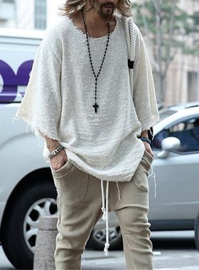 2023 men T-shirt夏新款男宽松大码中长袖T恤欧美潮流七分袖上衣