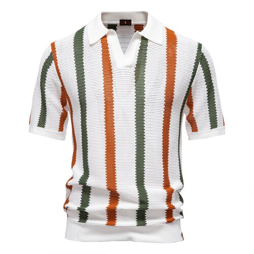 Summer Men's Hollow Knitted Striped Woolen Casual Polo