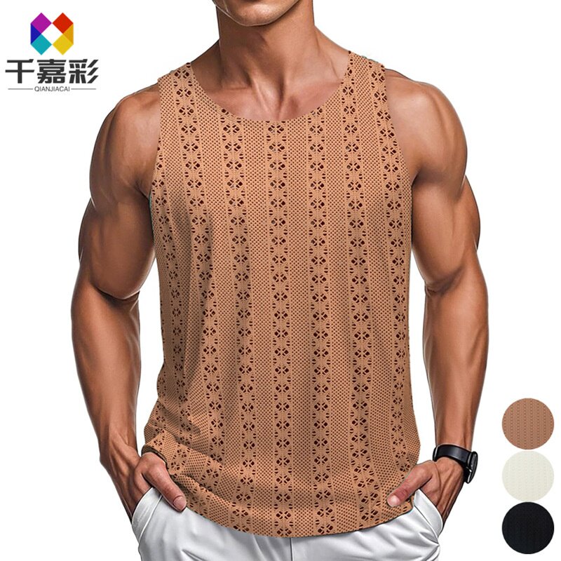 2025夏季休闲沙滩风宽松背心欧美男士性感镂空圆领T恤Men's vest
