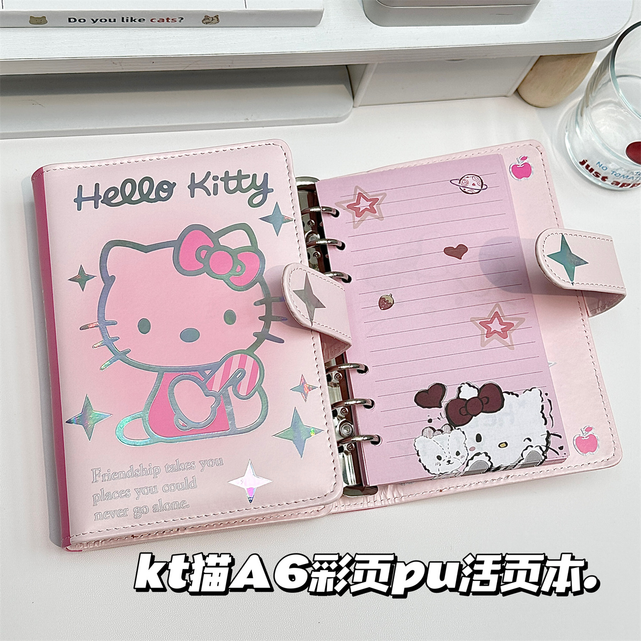 ins高颜值镭射KT猫A6彩页笔记本初中小学生软皮磁吸记事本活页本