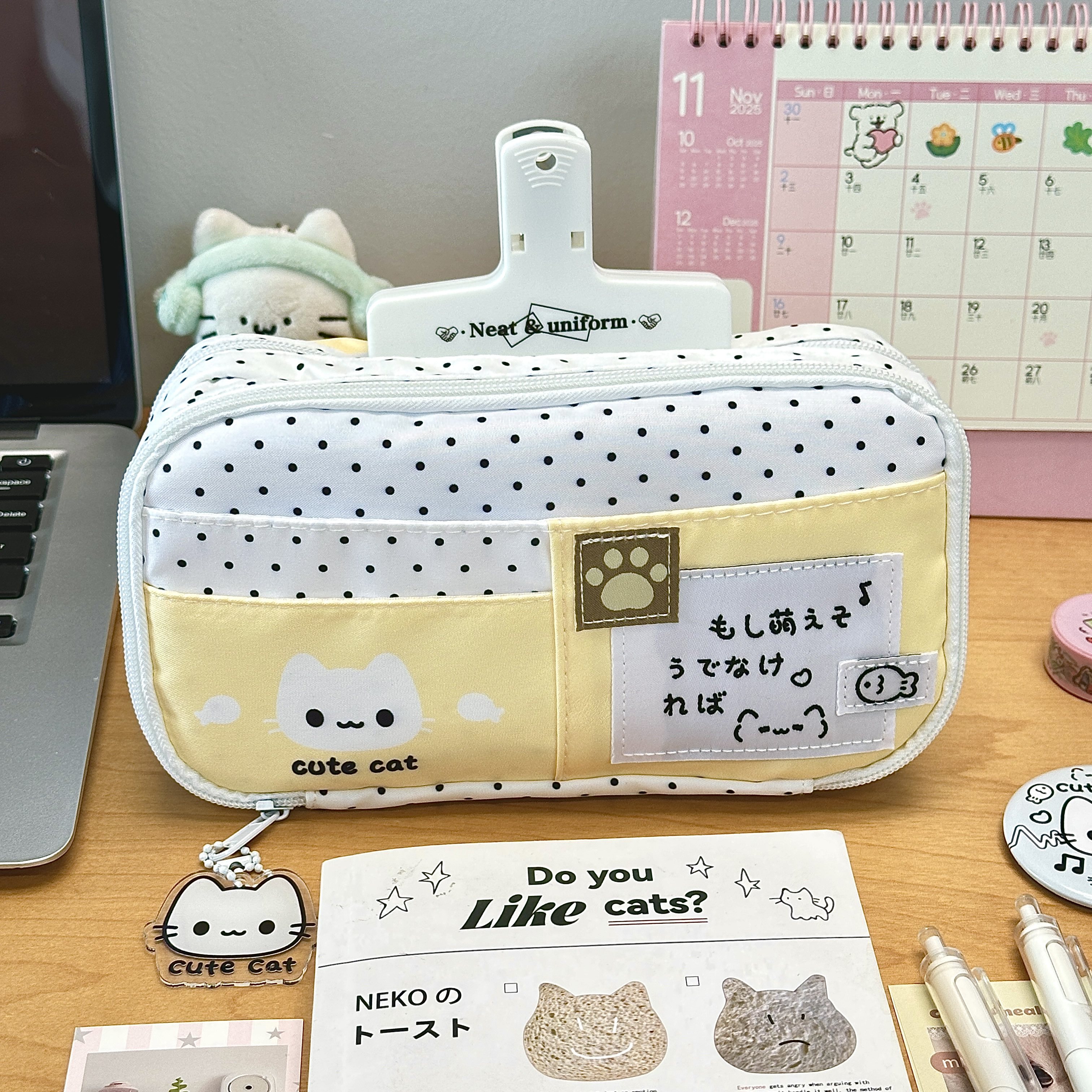 ins风可爱黄色波点小猫笔袋高颜值学生女生新款铅笔文具盒大容量,文具电教/文化用品/商务用品,笔袋,淘宝优惠券,粉丝福利购,淘宝优惠卷