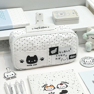 白色波点小猫原创笔袋ins风可爱高颜值大容量学生新女生文具盒子