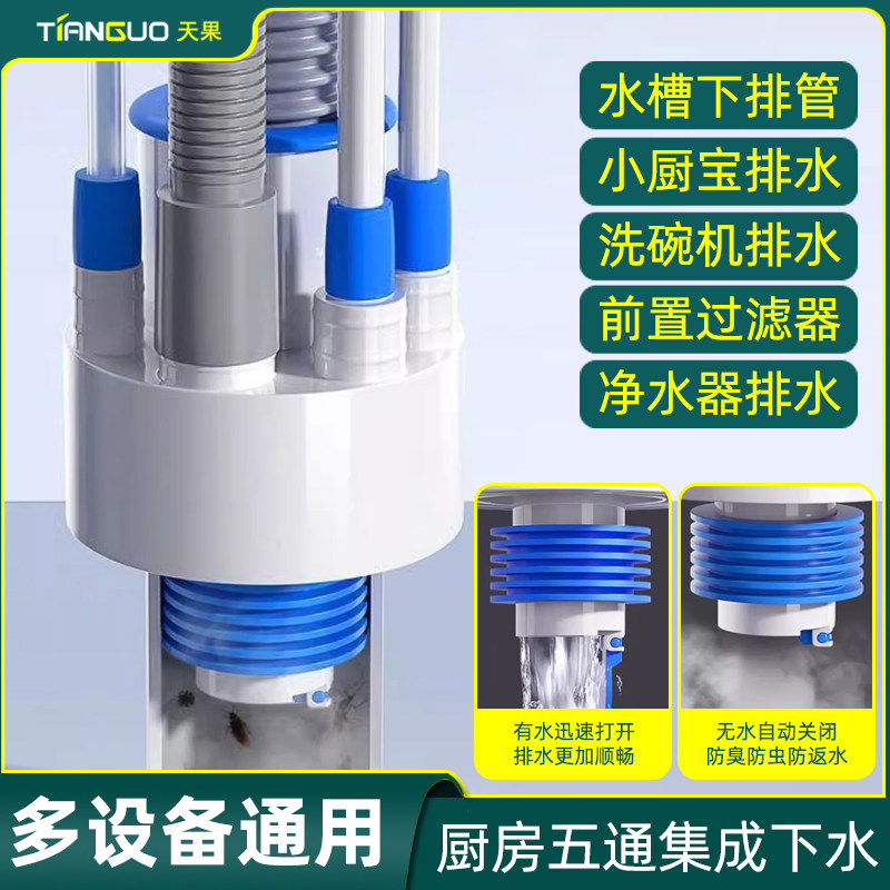 厨房下水管防返水洗碗机集成密封塞洗菜盆防臭防虫下水道三头五通,家装主材,下水器,淘宝优惠券,粉丝福利购,淘宝优惠卷