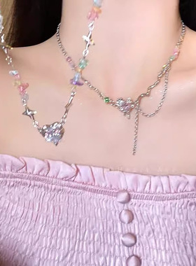 多巴胺彩色碎石爱心结项链女款夏日绿色五角星金属花朵吊坠