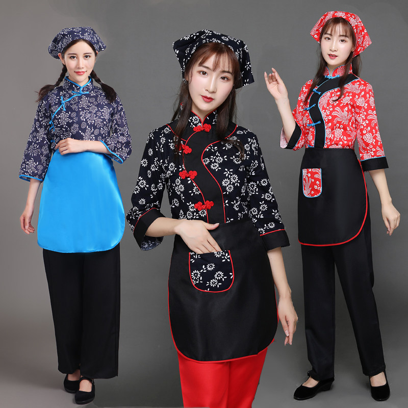 采茶服女民族舞茶园茶艺服装女村姑秧歌服民国风演出服碎花阿庆嫂