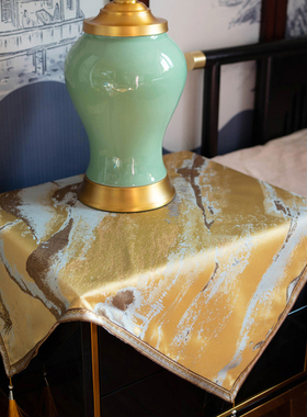 高山流水茶几桌布黄色轻奢新中式床头柜盖布黑色茶几方桌布盖金色