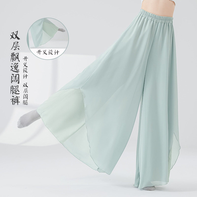 古典舞蹈裤女新款珍珠雪纺双层飘逸阔腿开叉裙裤中国舞演出练功服