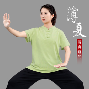 太极服女款新款2025夏季纯棉短袖太极T恤衫太极拳八段锦练功服