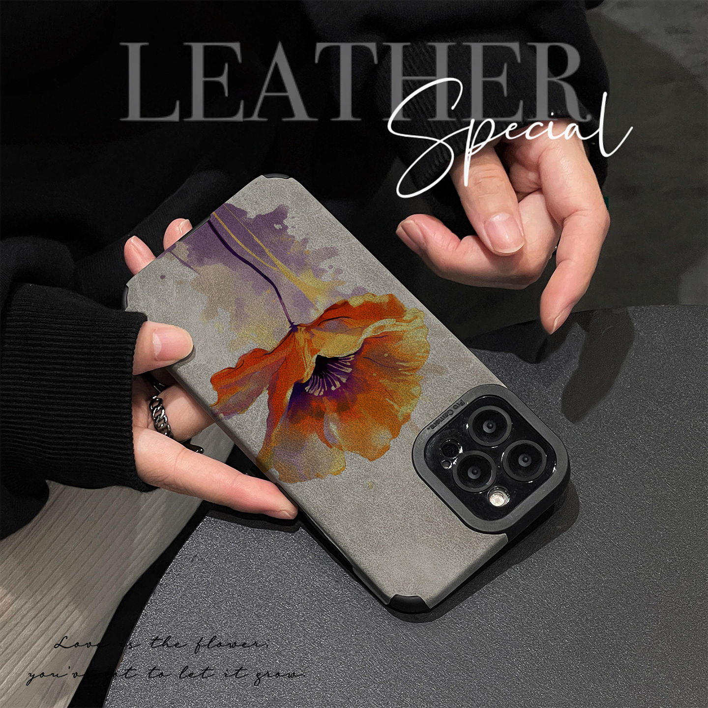 初绽适用荣耀500pro手机壳400/300/200/100翻毛皮油画橙色花朵全包90防摔套80pro时尚60se高档70情侣潮保护套