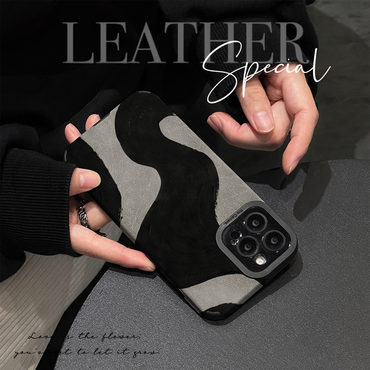 初绽适用小米红米K90promax手机壳k80时尚K70e青春K60潮K50翻毛皮黑色水墨涂鸦皮质软全包K40防摔高级保护套