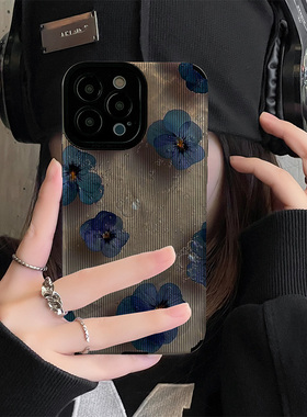 初绽适用VIVO小众蓝色山茶花朵X90手机壳x80PRO+防摔x60个性简约防摔全包皮质软X50女30保护套X27女X23幻彩版