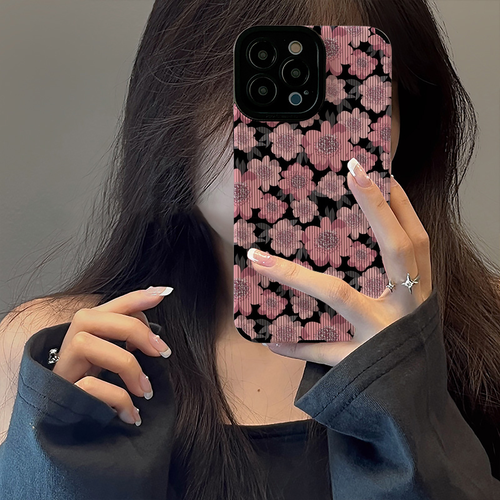 初绽适用VIVO黑底满屏粉色花朵S17手机壳S12PRO男S16全包S15防摔皮质软新款10pro高级S10E硅胶S7保护套S9女S5