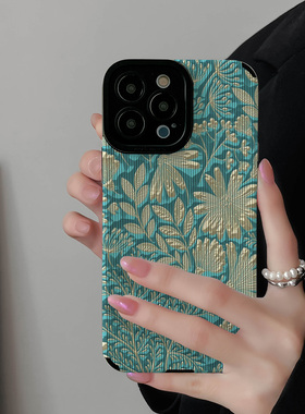 初绽适用OPPO蓝底白色油画花朵A11手机壳A11X A35皮质软A53s女全包A55 A92 A96简约A73创意A8防摔A58女保护套