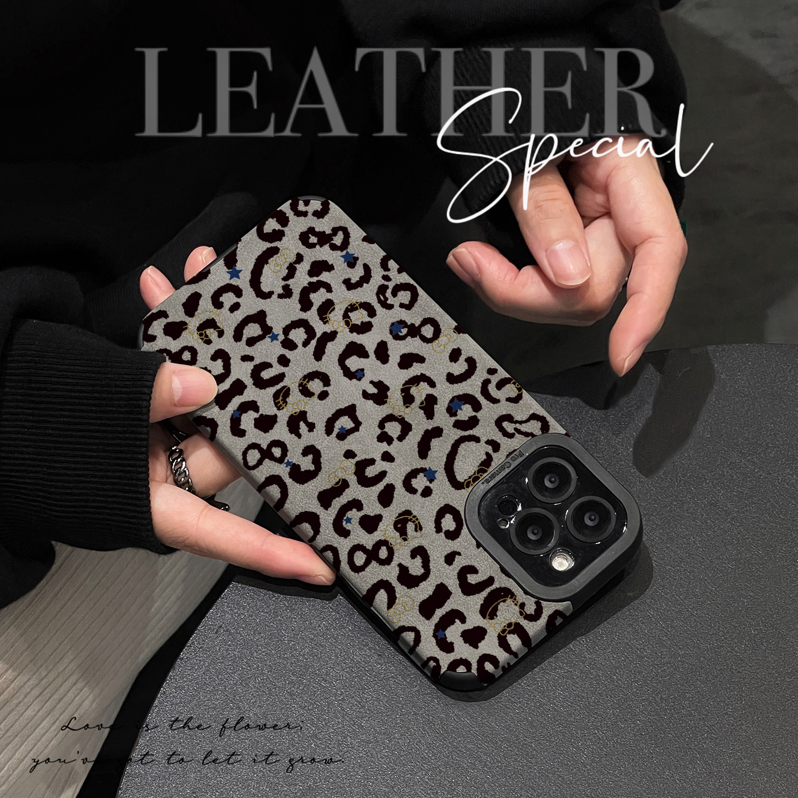 初绽适用opporeno14手机壳13/12/11pro+翻毛皮满屏黑色豹纹情侣全包皮质软壳新款防摔RENO10/9/8/7青春保护套