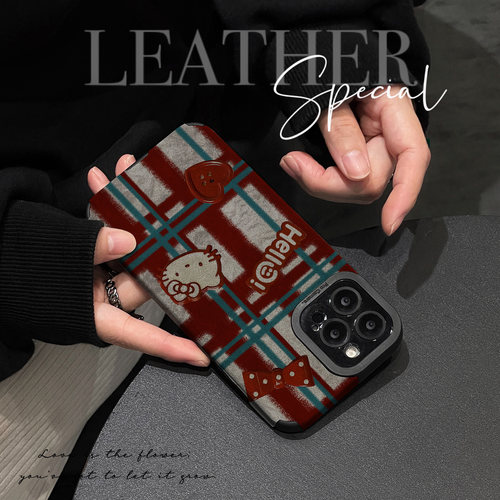 初绽适用苹果16promax手机壳iphone15/13/12/11翻毛皮蝴蝶结kt英文皮质软全包14pro女xs青春17Air情侣保护套