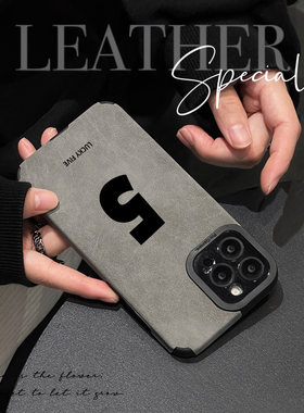 初绽适用苹果15 翻毛皮lucky幸运数字5iphone13promax手机壳12 11皮质软全包16 14pro潮女xs高级17Air保护套