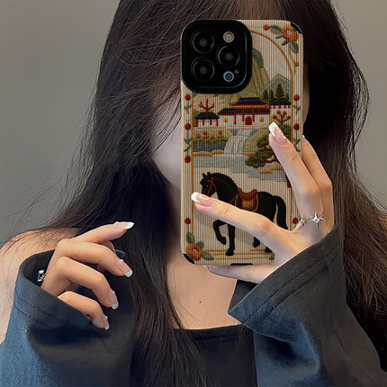 初绽适用opporeno15手机壳14/13/12/11pro+竖条纹高山流水黑马年潮RENO10/9/8/7全包皮质好看新款防摔保护套