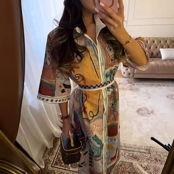 European and American Style New Fashion Retro Printed Lace-Up Shirt Dress