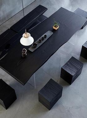 侘寂风碳化黑色实木茶桌亚克力悬浮餐桌设计师民宿大板桌茶台茶几