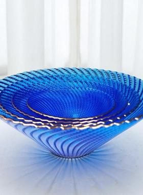 水晶玻璃碗水果盘蓝色果盘家用高端果盆自助餐轻奢高档2024新款大