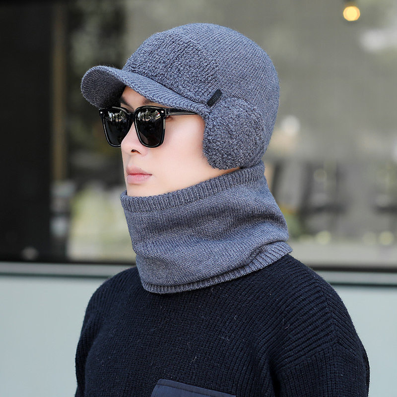 中老年爸爸帽子冬季新款时尚护耳保暖针织围脖毛线鸭舌帽青年男士