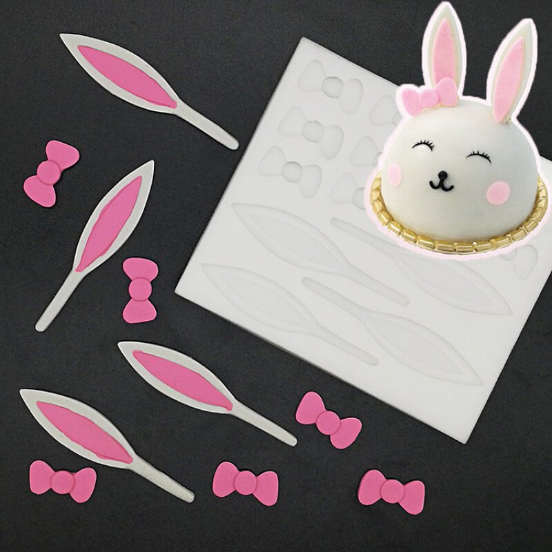 可爱小白兔子耳朵蝴蝶结翻糖硅胶模具蛋糕烘焙DIY巧克力插件模具