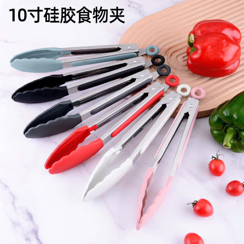 硅胶食物夹食品级夹子10寸不锈钢面包夹饼夹耐高温烧烤夹