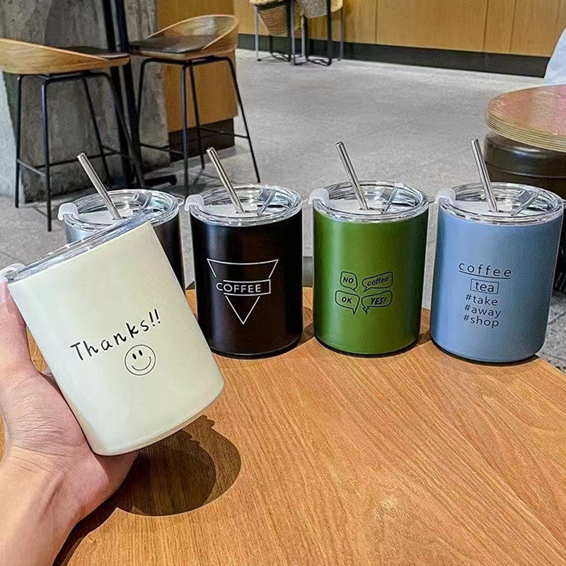 简约不锈钢咖啡杯保温杯女生高颜值带吸管杯子便携式外带随行水杯