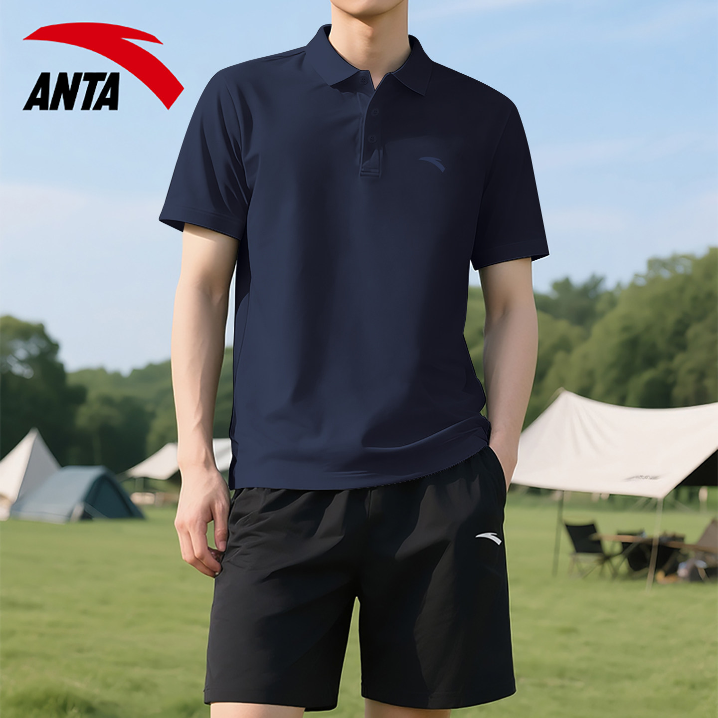 安踏运动套装男士深蓝色Polo衫短裤商务休闲冰丝透气速干短袖一套