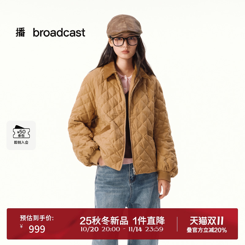 播复古菱形格短款羽绒服女25秋冬新款翻领宽松外套DDS4RD5279