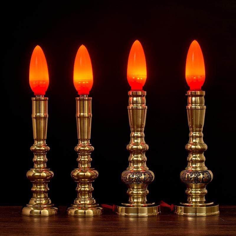 一对纯铜led招财电蜡烛灯 家用供奉财神关公灯佛灯佛前供灯长明灯