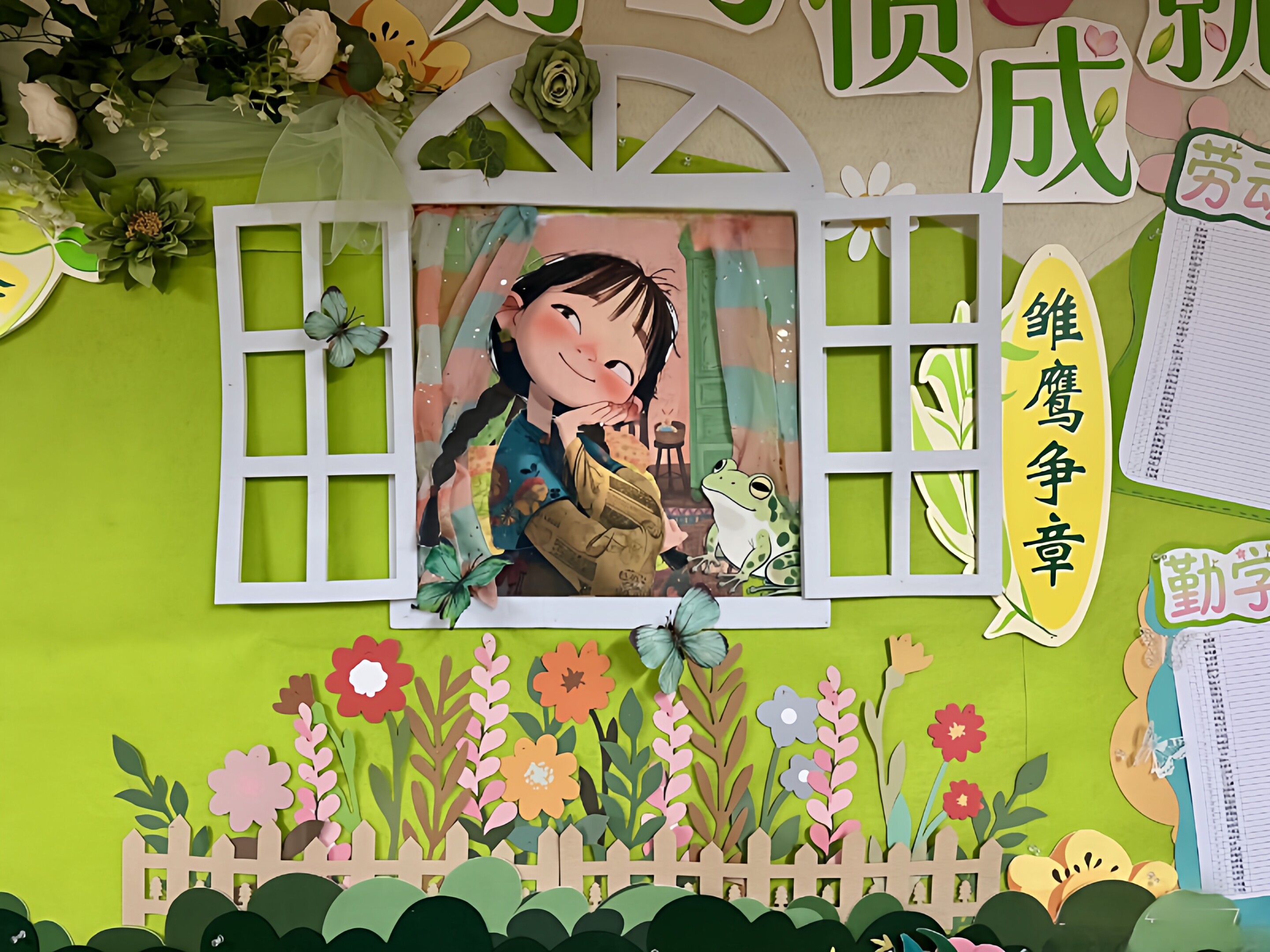 学校春天环创花窗户女孩主题墙装饰布置好习惯成就好未来雏鹰争章