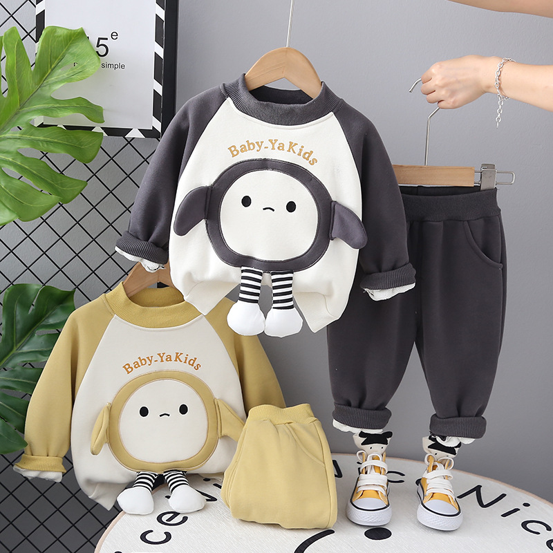 男童冬装套装2023新款儿童洋气加绒加厚帅气卡通卫衣两件套潮