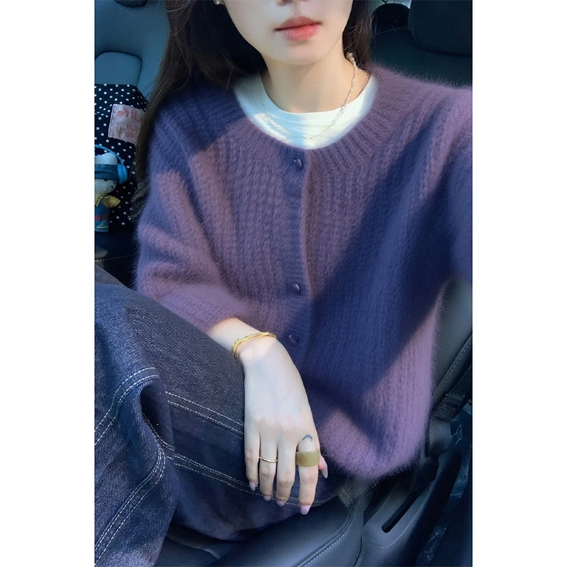 紫色毛衣纽扣开衫长袖女