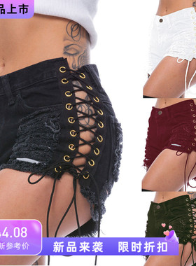 2023 New women's black rip strap sexy denim shorts黑色短裤女