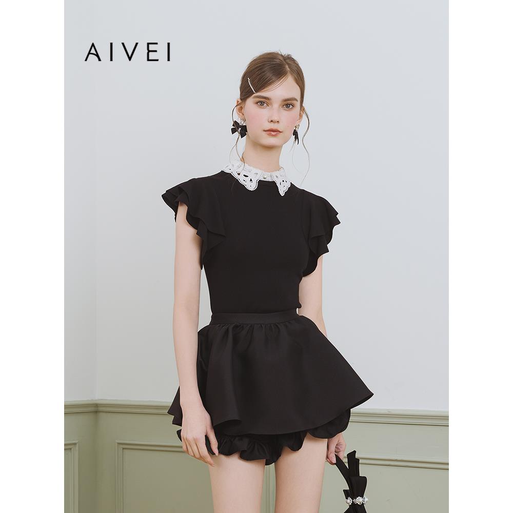 AIVEI欣贺艾薇2025夏季日系甜妹温柔风荷叶袖套头针织衫S720503A