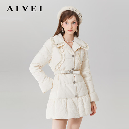 千金风收腰钉珠花朵图案羽绒服