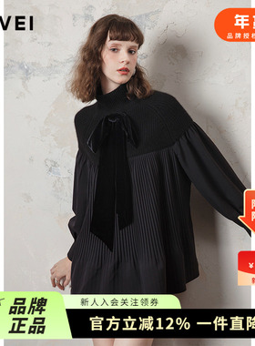 AIVEI欣贺艾薇24冬季新日系松弛感针织拼接风琴褶娃娃衫R760207A