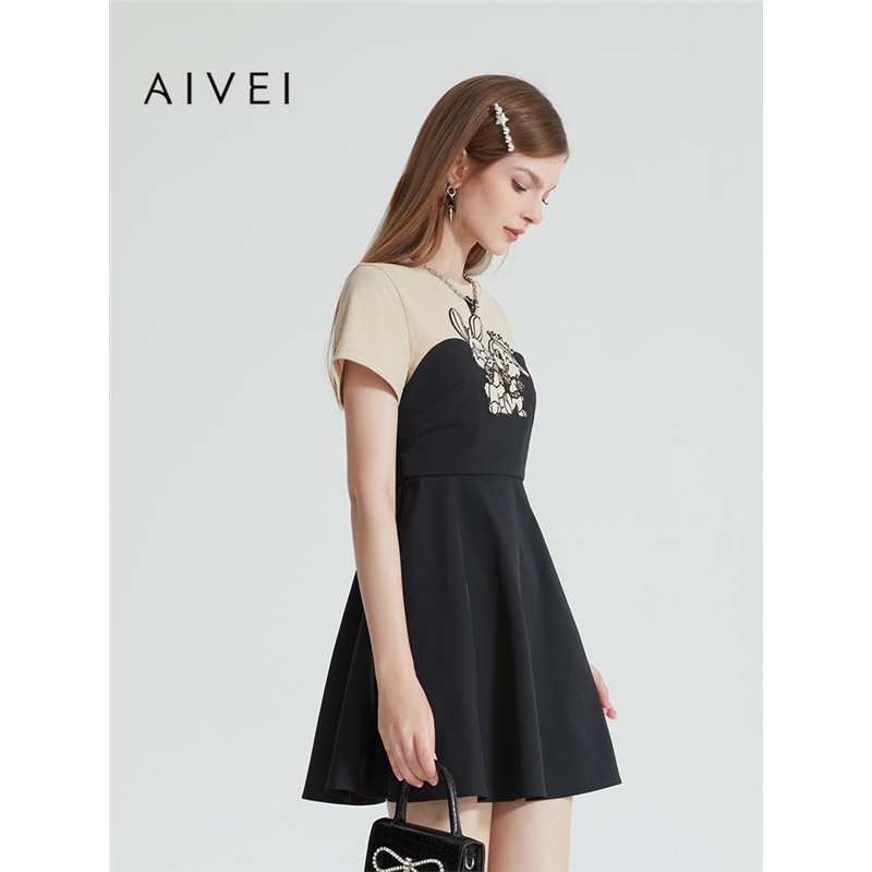 AIVEI欣贺艾薇夏季新少女可爱兔子高腰T恤拼接抹胸连衣裙R0360045