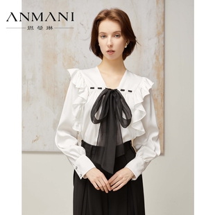 ANNMEL恩曼琳24早春新款时尚V领系带蝴蝶结荷叶边衬衫EANEAH03