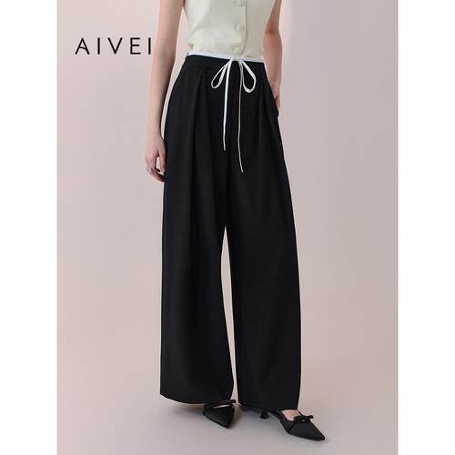 AIVEI欣贺艾薇2026春季新条纹长裤韩系双裤头直筒休闲裤XSV1K02B