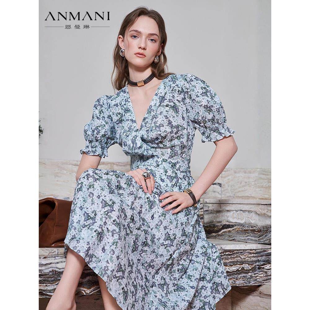 ANNMEL恩曼琳25夏季新款连衣裙绑带收腰棉布印花连衣裙EANFBA47