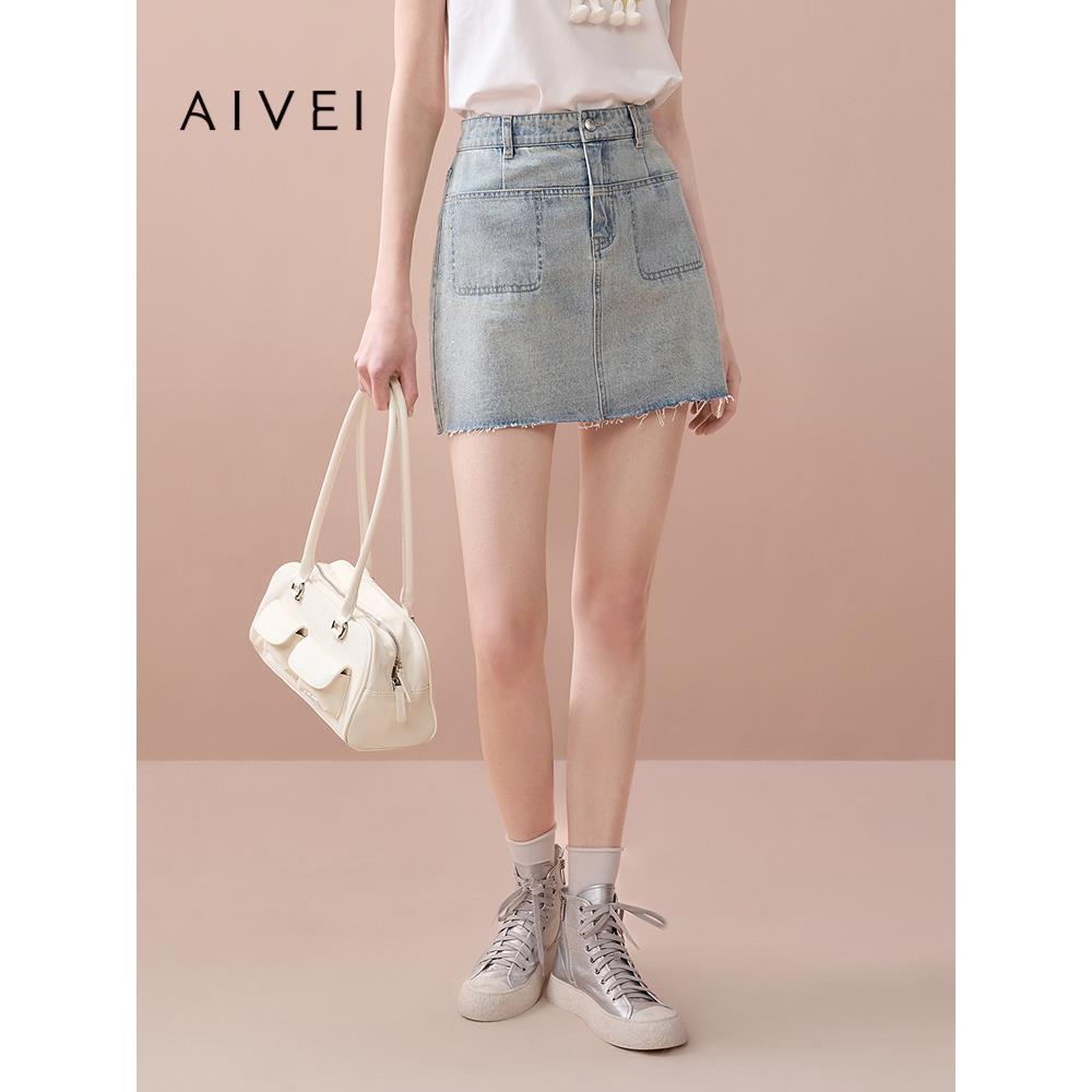 AIVEI欣贺艾薇2025夏季新设计感水钻高腰A字毛边牛仔短裙XRV3Q04A