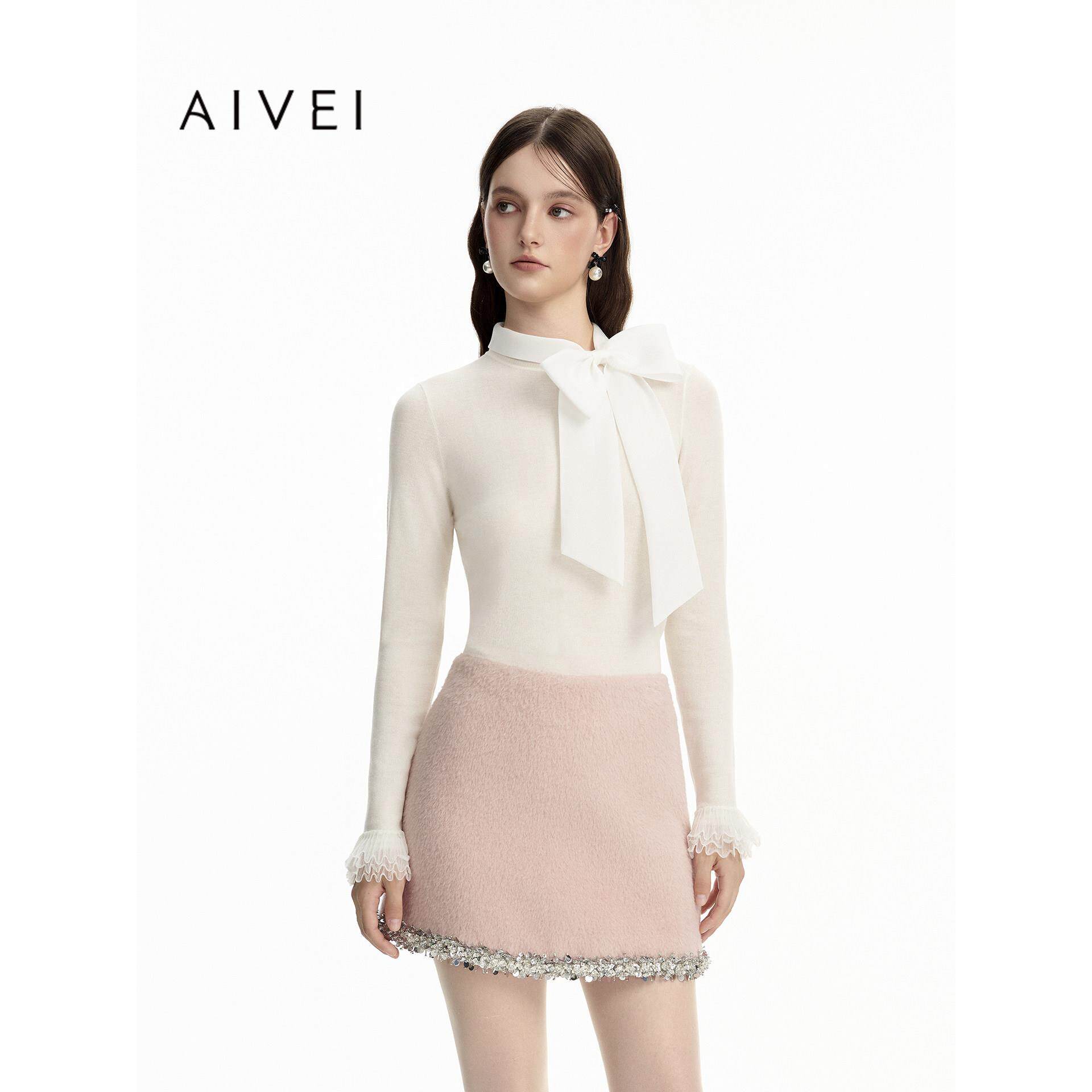 AIVEI欣贺艾薇26冬季新少女感浪漫温柔蝴蝶结飘带针织衫XSV7M23B